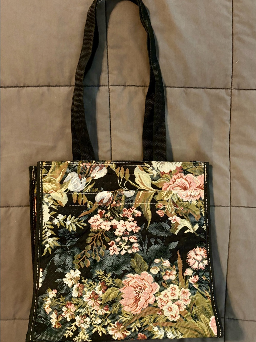 Vintage Black Floral Tapestry Tote Bag with Pink Accents